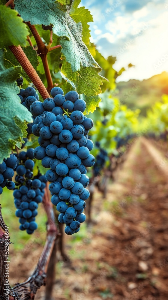 Fototapeta premium Vibrant grapes hang in a vineyard under a setting sun in the picturesque countryside