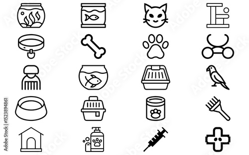 Pet & Veterinary icons vector set. Dog, cat, paw, bone, pet food, medical cross, syringe, kennel, and animal care symbols pack

