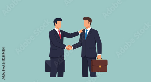Two businessmen shaking hands, one with hand on shoulder
