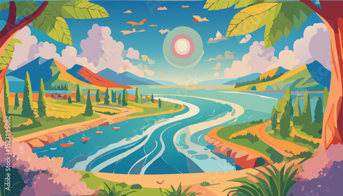 Top-Down View of River Flowing into the Sea – Aerial Water Scene in Vector Style