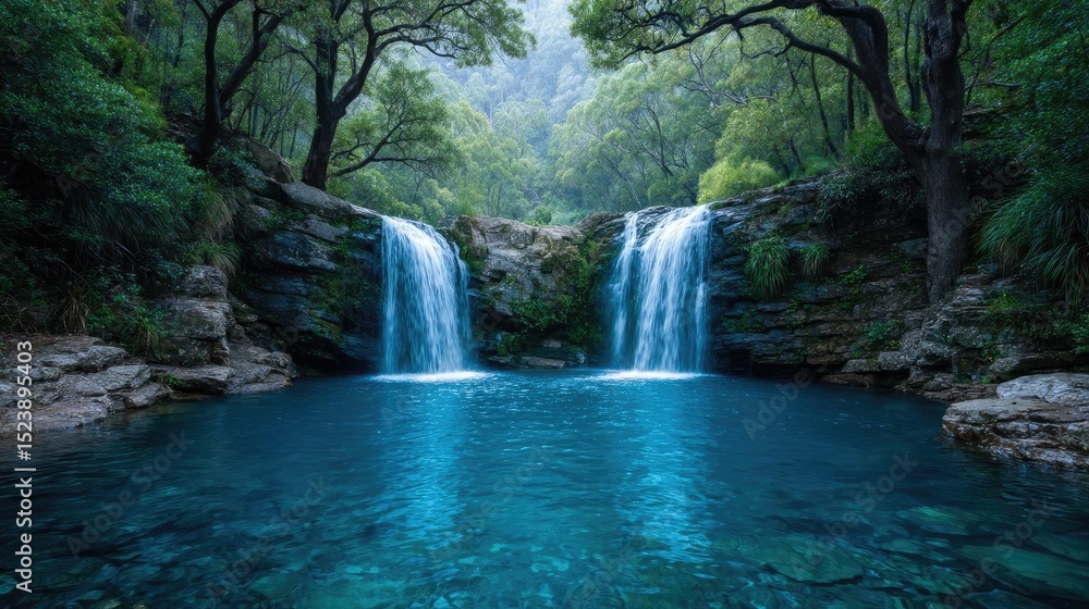 Fototapeta premium Mental detox in focus and wellness recovery concept. A serene waterfall cascading into a tranquil blue pool.