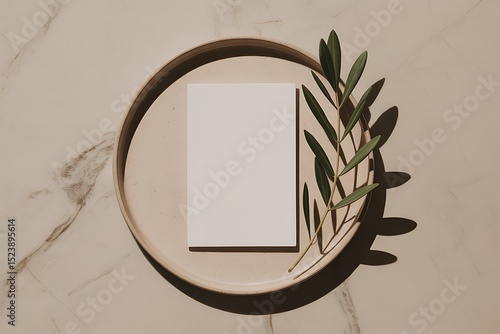 Minimalist White Card on Plate with Olive Branch 