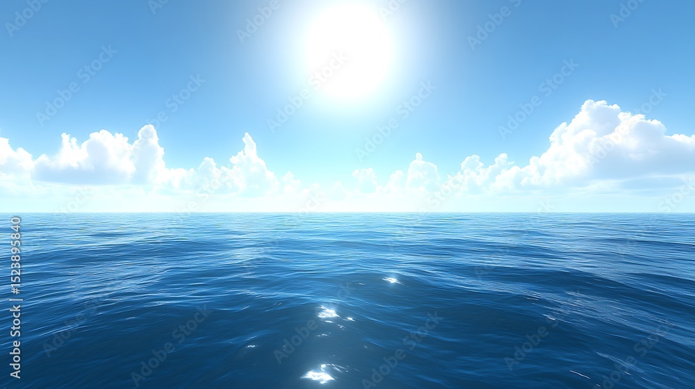 Obraz premium Serene ocean expanse under a brilliant sun and puffy cloudscape view