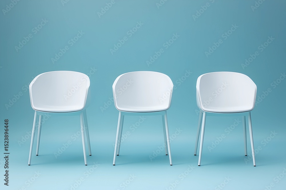Obraz premium Three minimalist white chairs in a row against pastel blue background, modern furniture design and simplicity concept