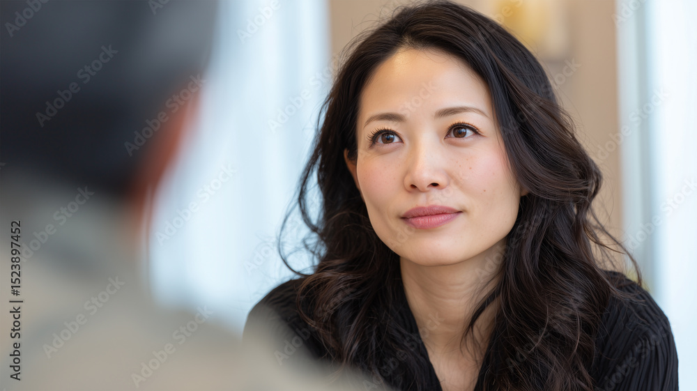 医師と向き合う日本人女性の真剣な表情 医師と向き合う日本人女性の真剣な表情