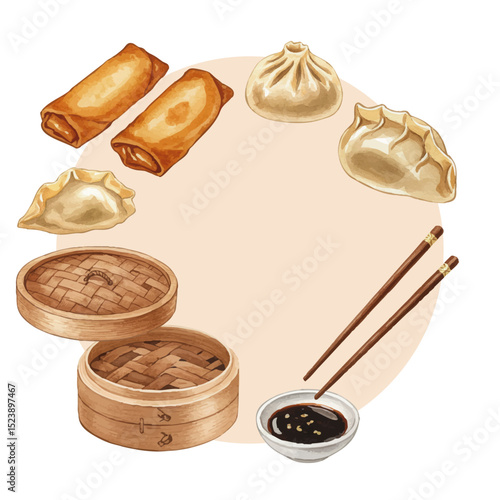 Vector watercolor Chinese Dim Sum / 水彩テイストの中華点心ベクター
