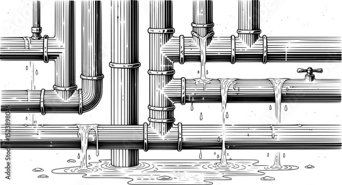 Leaking pipe with flowing water, b/w sketch illustration isolated on white background. Concept of economical water consumption. Vector illustration, EPS 10 version.