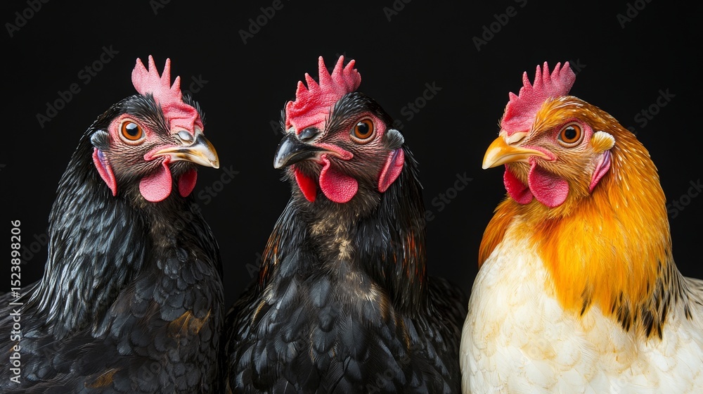 Naklejka premium A close-up shot features three vibrant chickens with lively facial expressions set against a dark black background