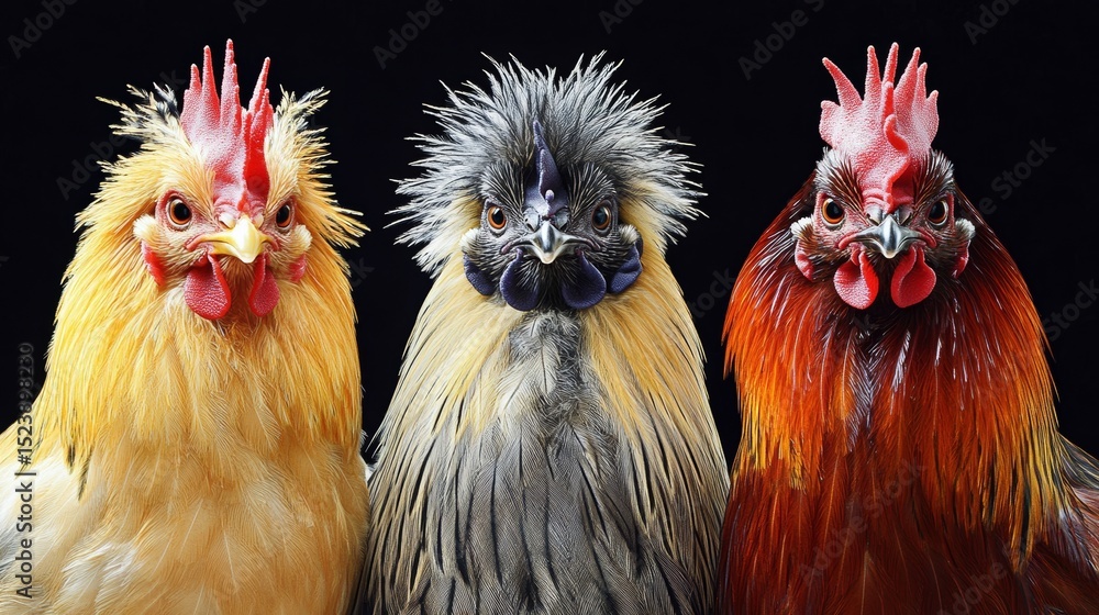 Naklejka premium A dark black background provides the setting for a close-up photograph of three chickens, each with distinctive and colorful features and lively facial expressions