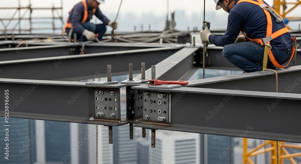 Fototapeta premium Construction Workers Assembling Steel Beams on High-Rise Building