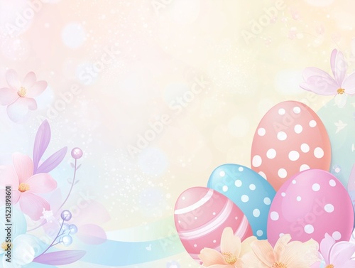 Delicate Easter Eggs and Spring Flowers Background with Bokeh Lights for Holiday Celebrations