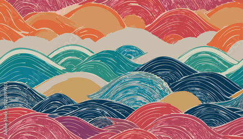Top-Down View of River Flowing into the Sea – Aerial Water Scene in Vector Style