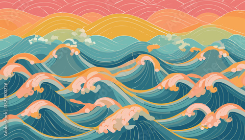 Top-Down View of River Flowing into the Sea – Aerial Water Scene in Vector Style