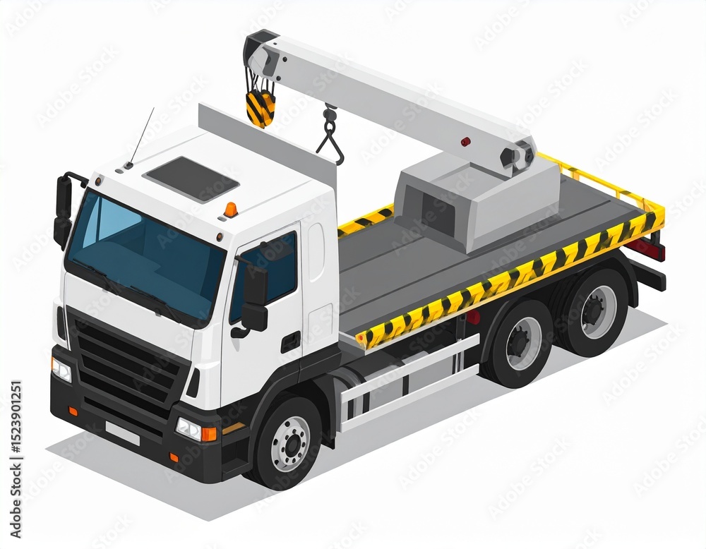 Fototapeta premium Isometric illustration of a white flatbed tow truck with striped safety markings