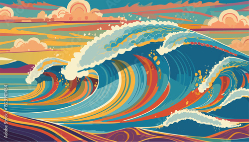 Top-Down View of River Flowing into the Sea – Aerial Water Scene in Vector Style