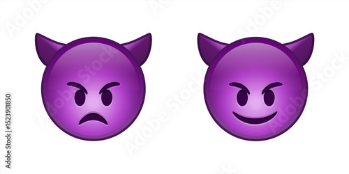 High quality emoticon smiling and evil with horns, devil emoji isolated on white background. Purple face devil emoji. Popular chat elements. Trending emoticon.