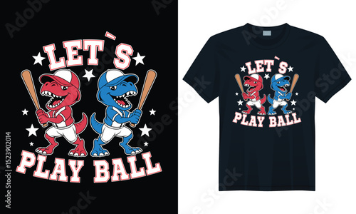 Funny cartoon dinosaur baseball players with stars and college font in vector t-shirt design