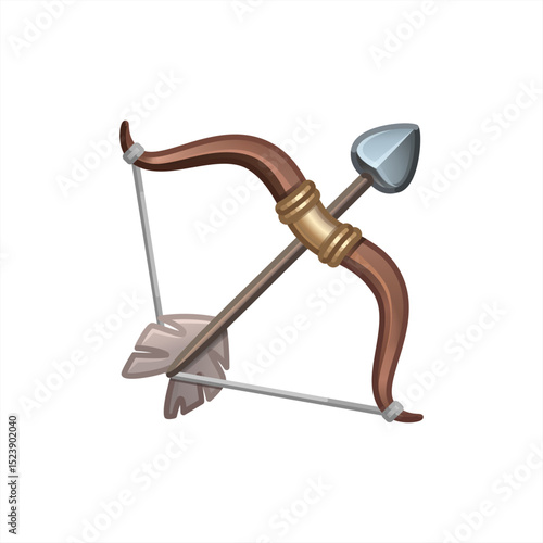 Emoji wooden hunting bow arrow sharp flat set. Hunting military equipment aiming shot military equipment old medieval weapons feather longbow indian tensioned bowstring icon, vector.