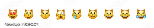 Cat emoji set, cat with hearts in eyes,crying, laughs, gets angry. Large size of yellow emoji face.