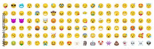 Set of yellow emoji and emoticon faces in vector graphic format on a transparent background. This collection represents a variety of emotions and expressions, perfect for digital designs. Vector emoji