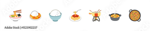 Nutritious Tasty Dishes Served on Plates Vector Emoji Set, Vector illustration.