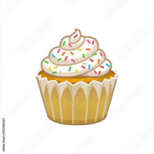 Pretty cartoon cupcake emoji with icing and sparkly white sprinkles, vector 10 eps.