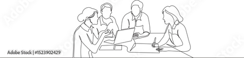 A group of young people sitting together and talking in continuous line art style. Sketch of meeting communication in minimalist black line isolated on white background. Vector illustration