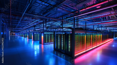Massive Data Center Interior With Glowing Servers