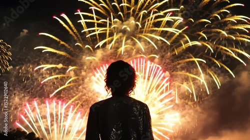Spectacular fireworks light up night sky behind silhouetted onlooker