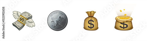 Money Emoji set. Money Bag Emoji, Coins, Dollar flying, Vector Illustration, Wealth and Finance Clipart Design