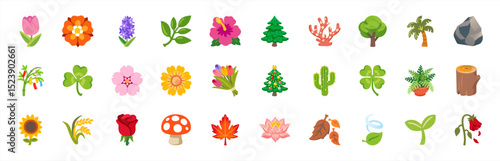 Nature, Floral Icons Vector Set. Trees, Flowers, Leaves Illustration Flat Style Cartoon Symbols, Emojis, Emoticons Collection, Vector 10 eps.