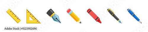 Vector set of drawing tools emoji icons. Contains icons pencil, pen, brush, bucket paint, palette knife, roller, palette, marker and more. Vector emojis.