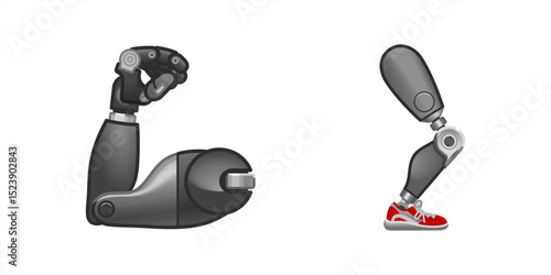 Futuristic human hand and leg prosthesis. Metal hand implant. Isolated. Vector emojis.