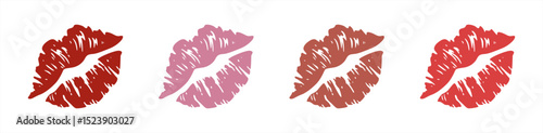 Set imprint kiss lips. Red, pink and brown silhouettes isolated on transparent background. Realistic vector beautiful kiss. Different shapes female sexy lips. Lips makeup. Vector 10 eps.
