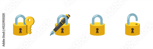 Set emoji closed and open lock with key. Emoji vector illustration.
