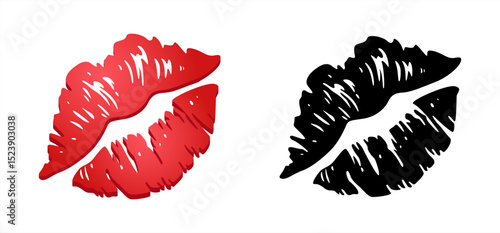 Red kiss and black mark on a white background