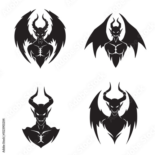 Black silhouette illustration of multiple demon angel characters with horns and wings