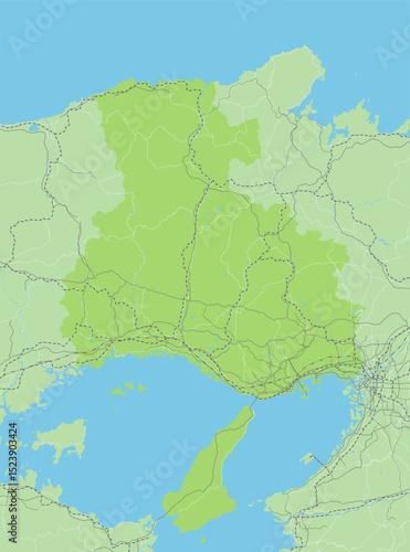 日本の兵庫県と隣接する都道府県を含む、シンプルな緑色のロードマップ