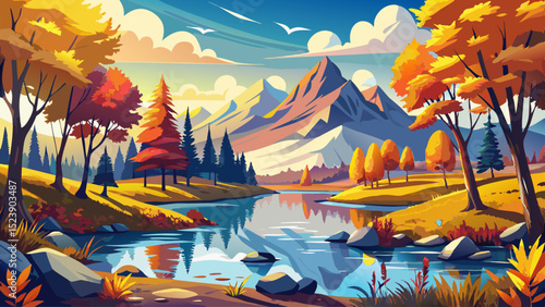 Vibrant autumn landscape featuring golden trees and a serene lake reflecting majestic mountains under a bright sun.
