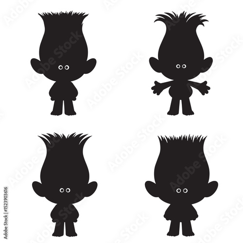 Silhouettes of adorable trolls in various poses a playful and charming vector illustration