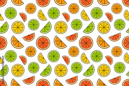 Colorful seamless pattern with citrus slices and wedges in flat style. Illustration includes lemons, limes, oranges, and grapefruits on a white background. Vector illustration EPS10.