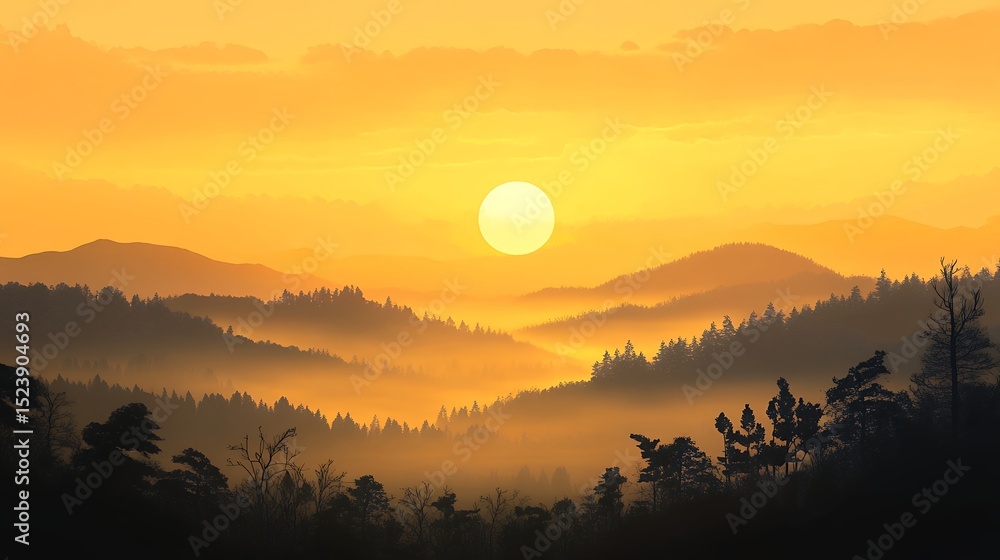 Fototapeta premium Golden Hour Mountain Mist: Serene Sunrise Landscape