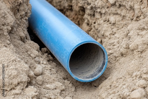 Wallpaper Mural Blue plastic pipe lying in a trench filled with sand, ready for installation in the ground. Torontodigital.ca