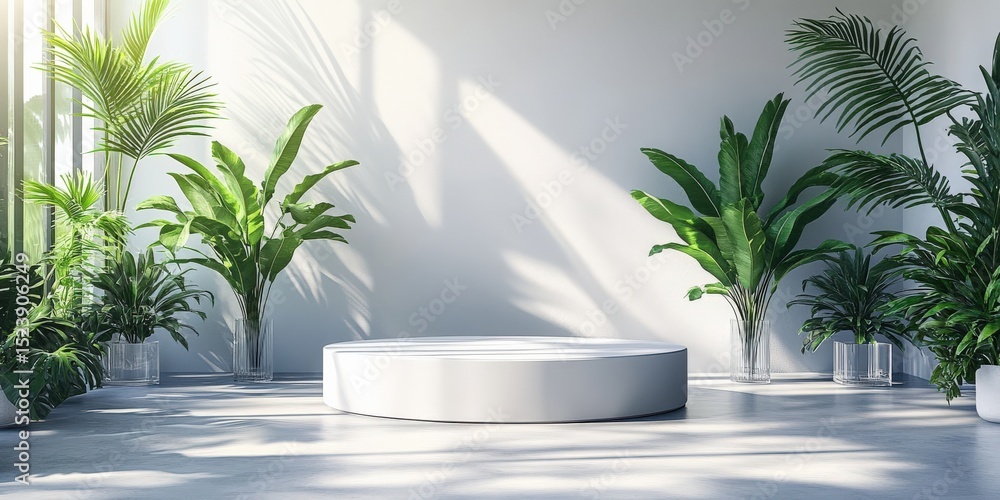 Fototapeta premium Minimalist product display with tropical plant backdrop for product promotion and advertising to enhance visual appeal and engage potential customers