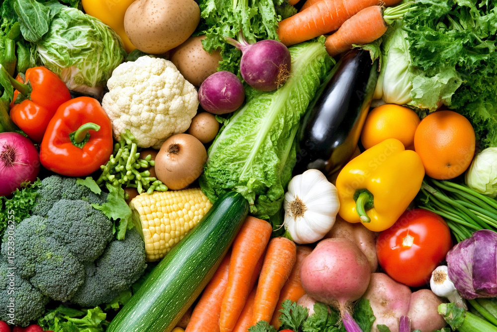 Fresh fruits and vegetables displayed in a vibrant arrangement Fresh fruits and vegetables displayed in a vibrant arrangement