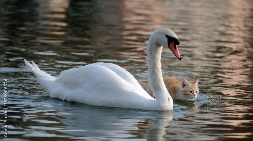 Fototapeta premium Swan and cat on calm water