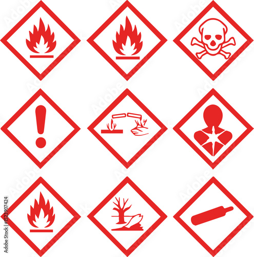 Globally Harmonized System (GHS) hazard Warning symbols with red outline isolated on transparent background. All 9 GHS chemical labelling stickers