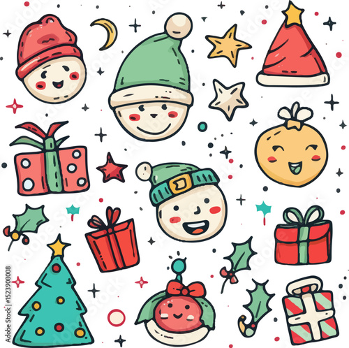 Cute Christmas Doodles Set with Festive Elements. Cute Christmas Clipart Set for Holiday Design