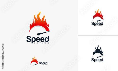 Speed and Fast Logo designs vector with fire symbol, speedometer logo designs template