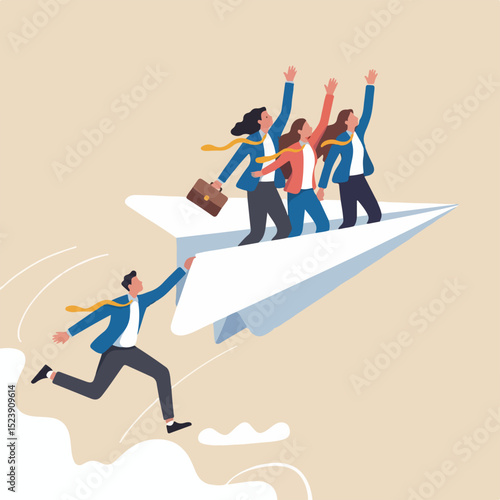 Ambitious Team Flying on Paper Airplane – Flat Vector Business Illustration

